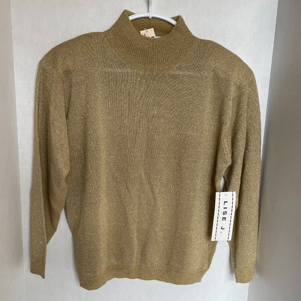 LISE J. Women’s Vintage Mock Neck Lurex Gold Sweater Sz M, Acrylic, Metallic NWT
